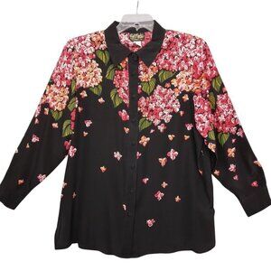 Bob Mackie | Silk Floral Beaded Button Up Blouse Black Red | Size L